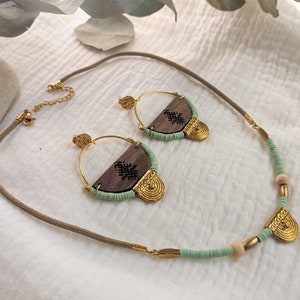 Water green wood and brass earrings and necklace.