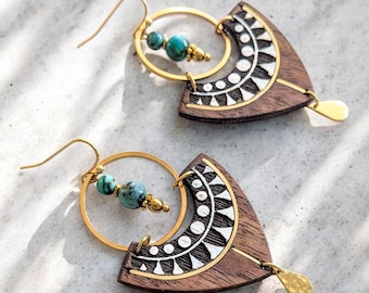 Walnut wood and turquoise earrings, ethnic earrings