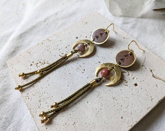 boho earrings in walnut wood, brass and rhodonite or turquoise beads