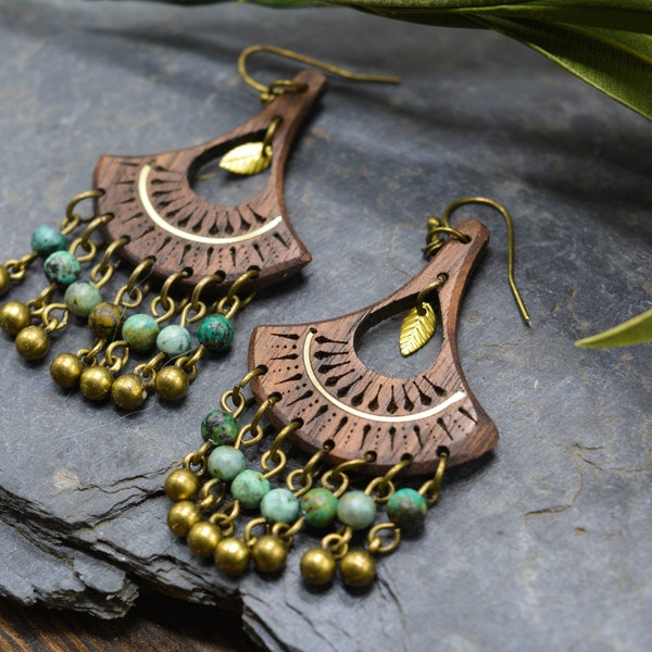 Boucles d'oreilles turquoise et bois précieux