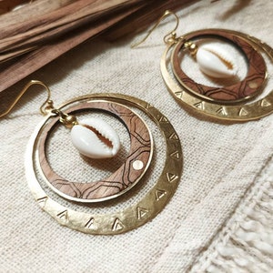 Summer boho hoop earrings in wood and brass