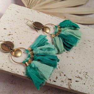 Boho earrings in silk, wood and brass image 2