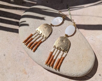 Bohemian earrings, brass and pearls