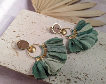 Boho earrings in silk, wood and brass