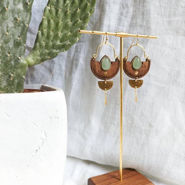 Earrings in walnut, brass, aventurine stone or jasper. Bohemian earrings