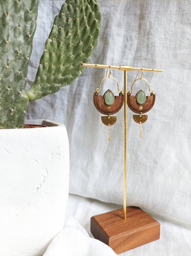 Earrings in walnut, brass, aventurine stone or jasper. Bohemian earrings image 1