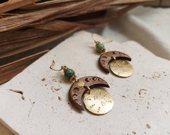 Moon, cycle and wood earrings.