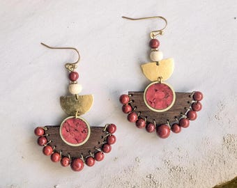Red jasper earrings, walnut wood