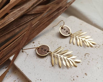 Brass and wood leaf earrings