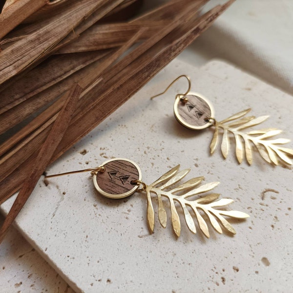 Boucles d'oreilles feuilles laiton et bois