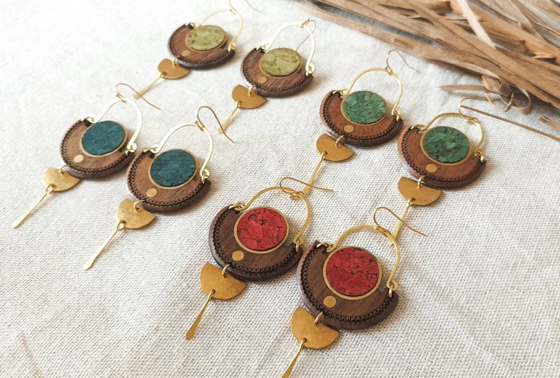 Wood, red cork and brass earrings image 8