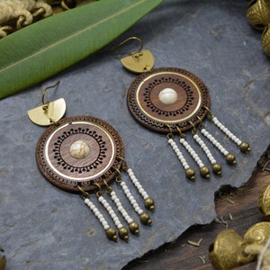 Ethnic earrings, walnut wood, brass and natural stone image 2