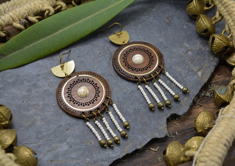 Ethnic earrings, walnut wood, brass and natural stone image 2