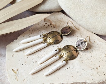 Wood, red cork and brass earrings