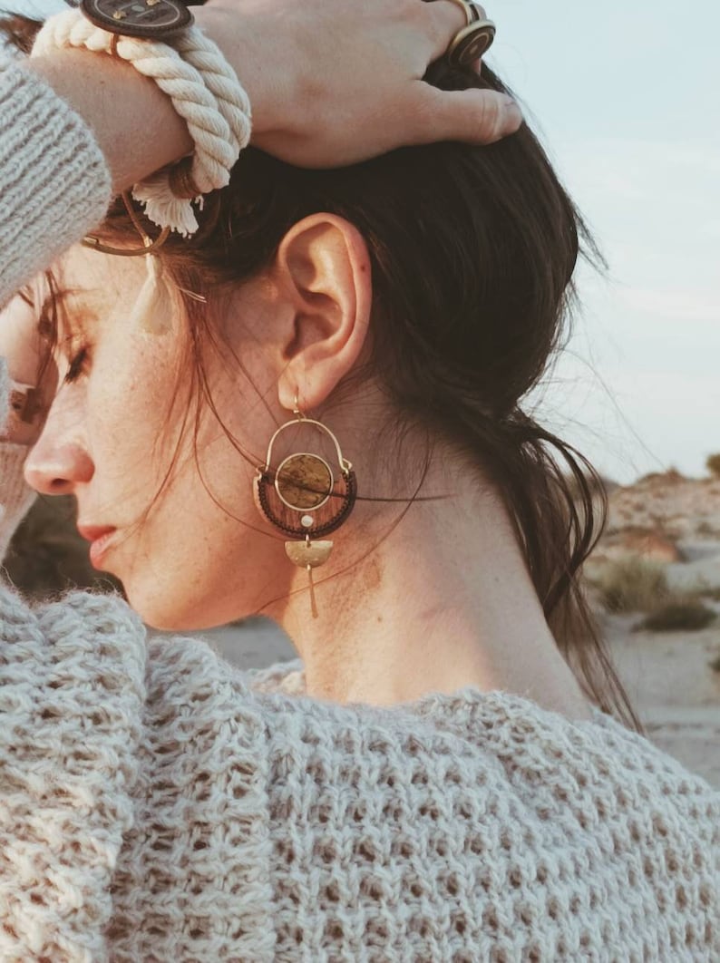 Wood, red cork and brass earrings image 2