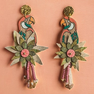 Parrot earrings in wood and cork image 1