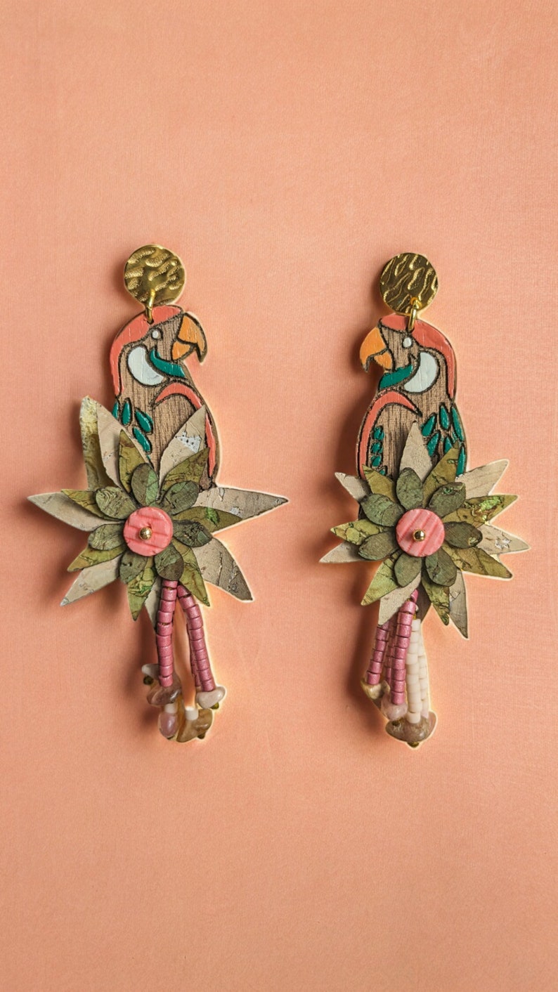 Parrot earrings in wood and cork image 1