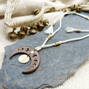 Moon necklace, fabrics and walnut wood
