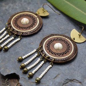 Ethnic earrings, walnut wood, brass and natural stone image 4