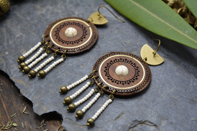 Ethnic earrings, walnut wood, brass and natural stone image 4