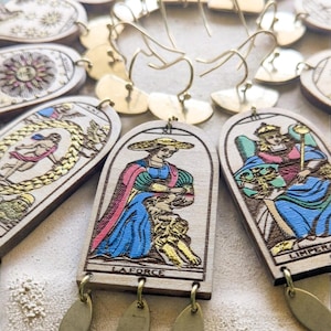 Arcane earrings, Marseille tarot, wooden earrings