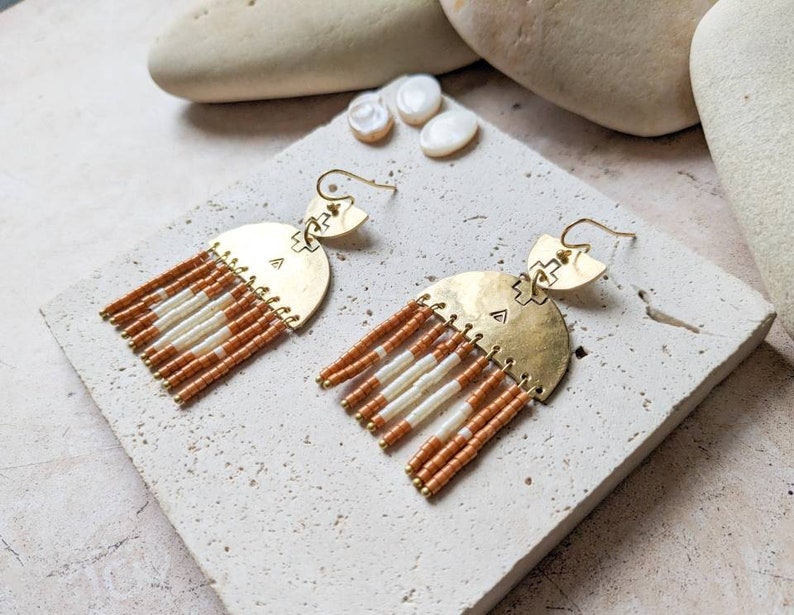 Brass and pearl earrings, boho earrings image 6