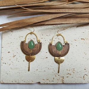 Earrings in walnut, brass, aventurine stone or jasper. Bohemian earrings image 3