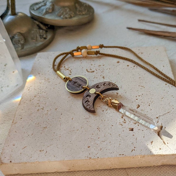 Moon and quartz necklace, in walnut wood and brass