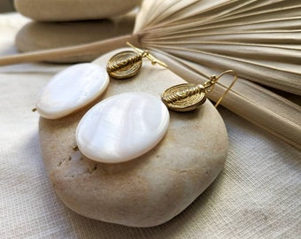 boho, mother-of-pearl and brass earrings