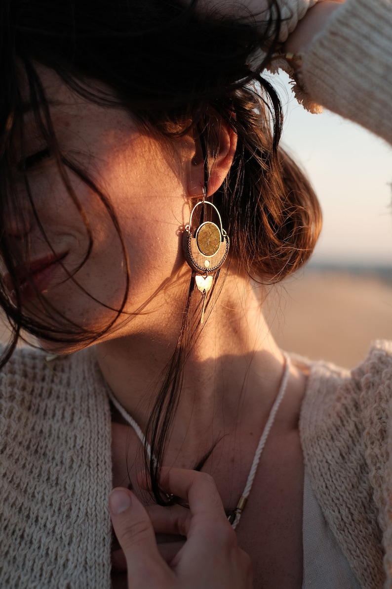 Wood, red cork and brass earrings image 3