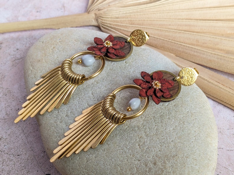Cork and boho wood flower earrings image 2