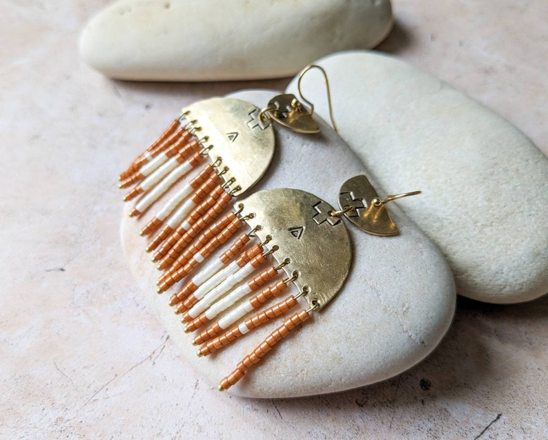 Brass and pearl earrings, boho earrings image 1