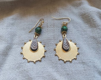 Boho brass, wood and African turquoise earrings.