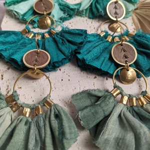 Boho earrings in silk, wood and brass image 5