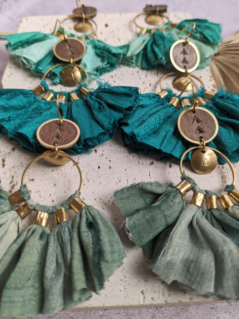 Boho earrings in silk, wood and brass image 5