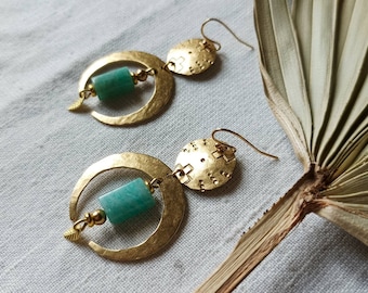 Moon and brass and amazonite stone earrings