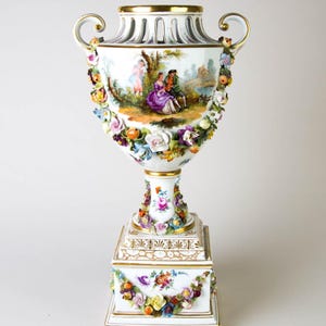 Antique Teichert Dresden Hand Painted Courting Couple Large Urn Vase 16.5&quot;