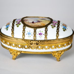 Antique Hand Painted French Porcelain Ormolu Mounted Jewelry Trinket Box Casket