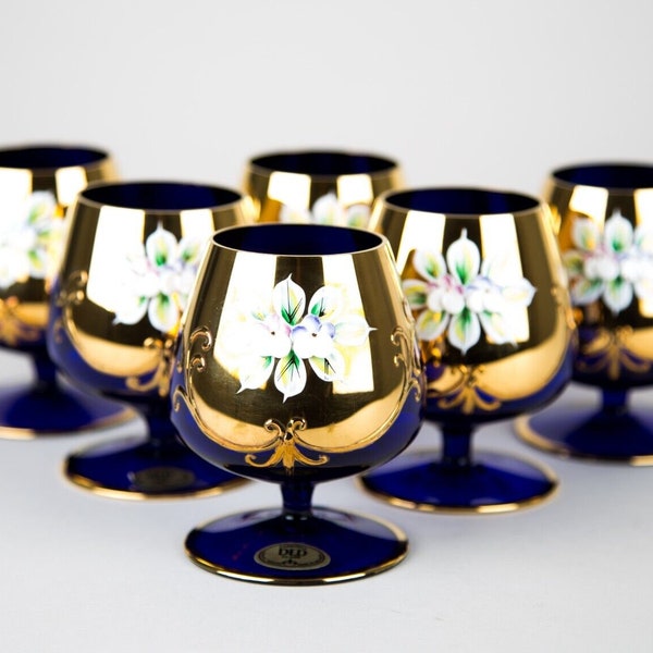 Vintage Tschechische Boho Kobalt Blau & Gold Handbemalte Emaille Blumen Brandy Snifter Gläser Set 6 Elegante Barware