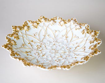 Antique Meissen Gilt Porcelain Embossed Leaf Cabinet Plate Charger