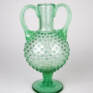 Vintage Antique Blown Glass Hobnail Vase Large 12&quot; Green Twist Handles & Stem