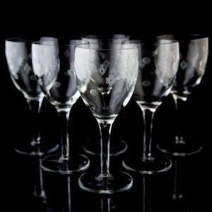 Antique Standard Glass Criss Cross & Punties Water Wine Goblet Glasses Set of 8 Stemware