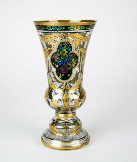 ボヘミアンクリスタル　 青色ガラス花瓶 金色装飾付き BOHEMIA ボヘミアンクリスタル 青と金の花瓶