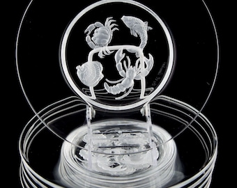 Val St Lambert Sea Life Seafood Intaglio Glass Plates Set of 6 Vintage Belgium Signed