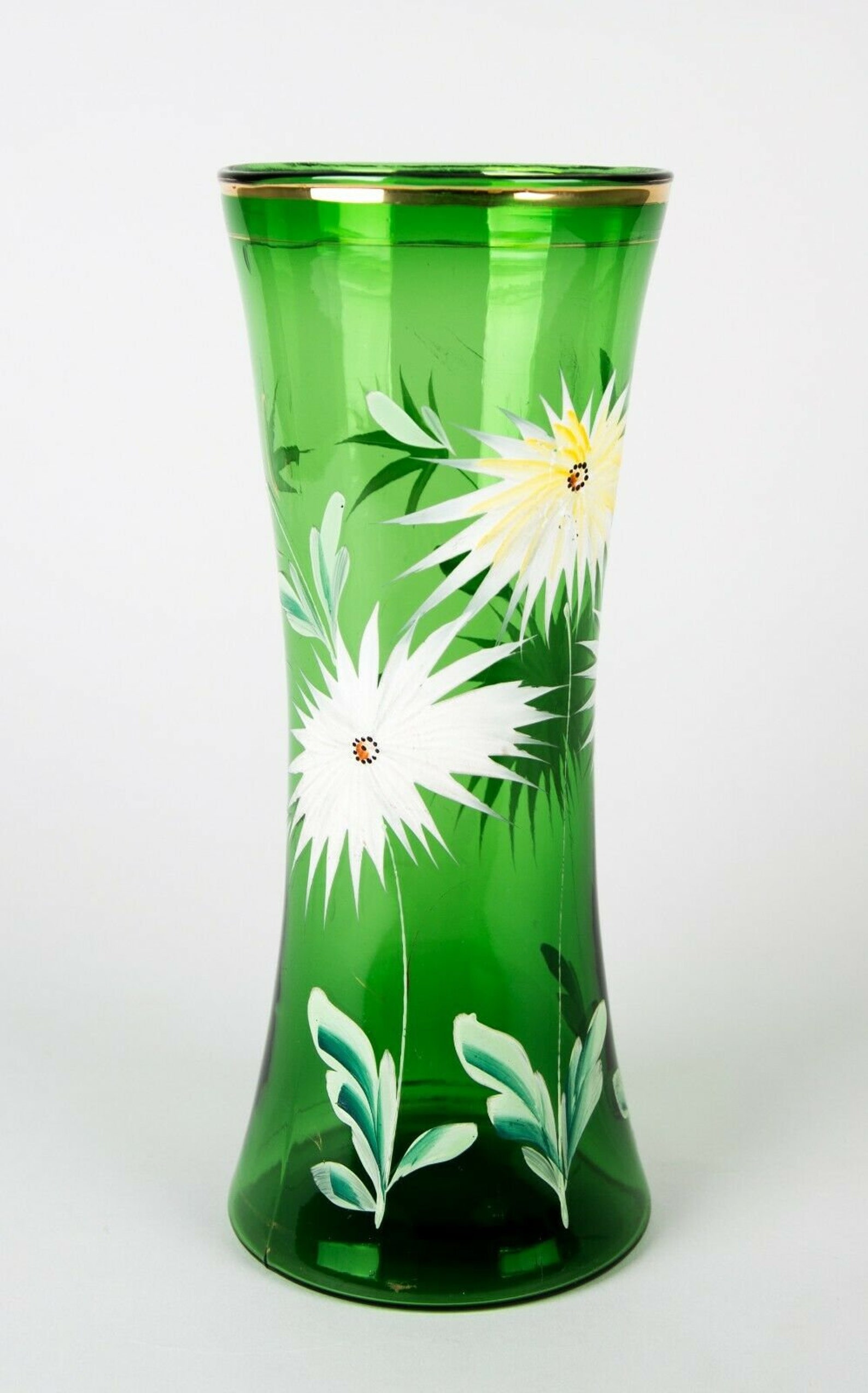Vintage Bohemian Green Glass Hand Painted Enamel Large Vase Etsy