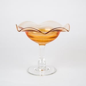 Vintage Amber Iridescent Marigold Carnival Glass Ruffled Compote Footed Bowl