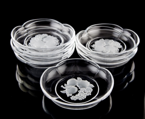 Hoya Pomona Engraved Fruit Crystal Bowls Set of 8 Tokyo Japan