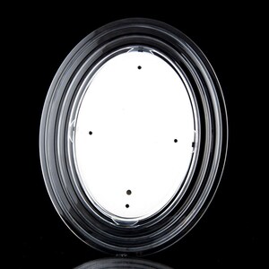 May include: A clear oval-shaped picture frame with a black border. The frame has three holes in the back for hanging.