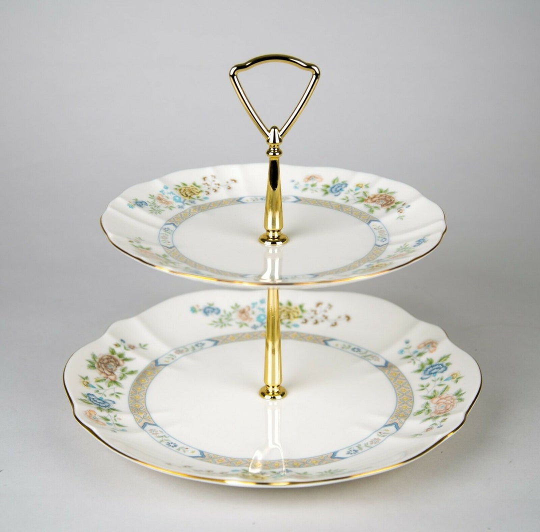 Gorham Cherrywood 2tiered Handled Serving Tray Vintage Fine China Gold