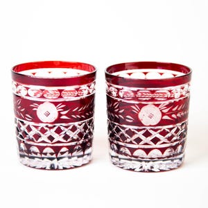 Vintage Ruby Red Cut to Clear Old Fashioned Tumbler Glasses Set of 2 Barware